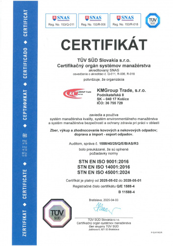 Certifikát systému environmentálneho manažérstva ISO 14001:2005 Certifikát systému environmentálneho manažérstva ISO 14001:2005